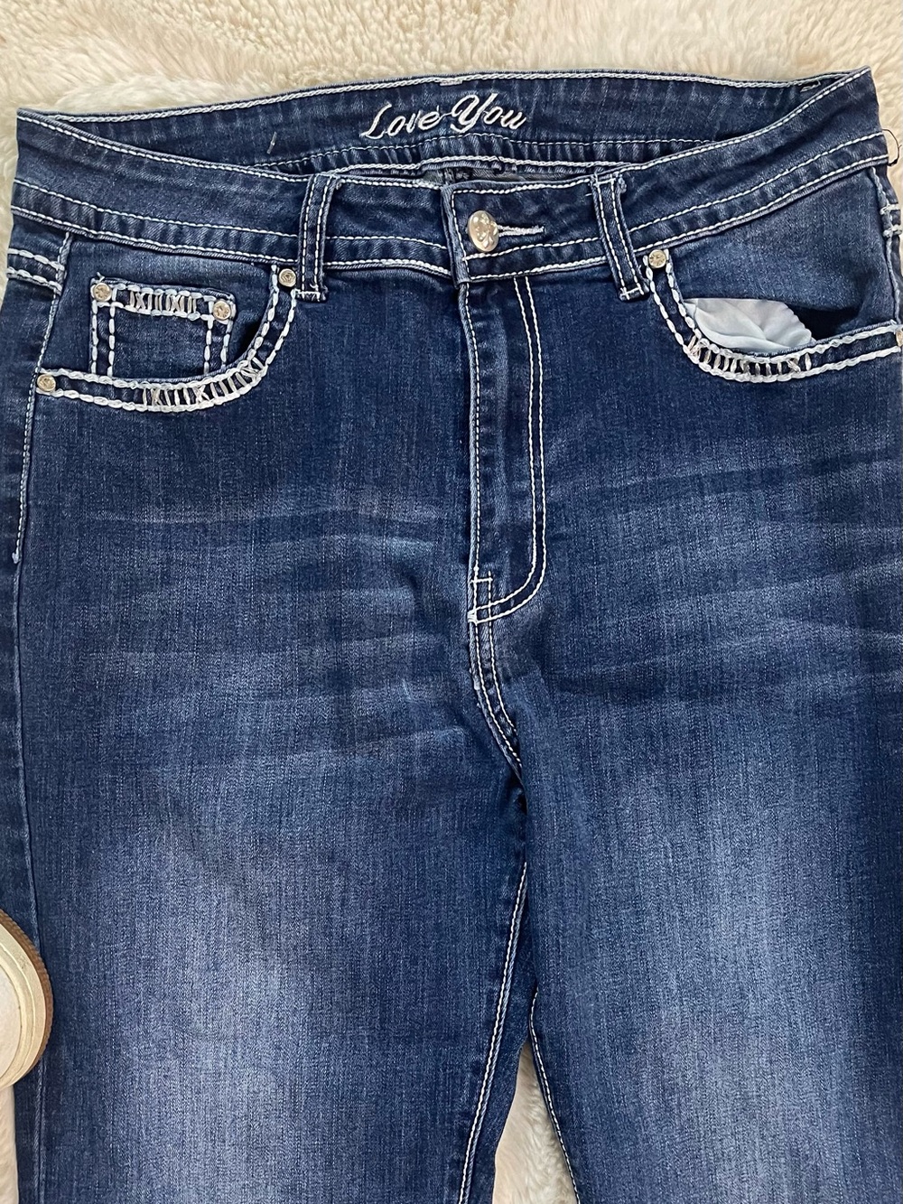 Love You Jeans Dark Wash Rhinestone Thick Stitch Jeans - Size 15/16 - Picture 3 of 9